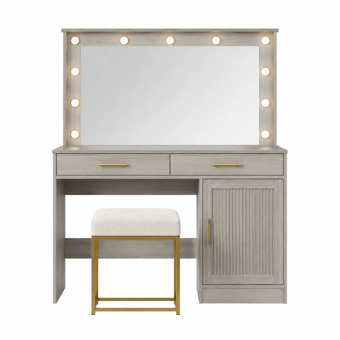 Tocador de madera MDF con espejo iluminado y taburete, gris claro