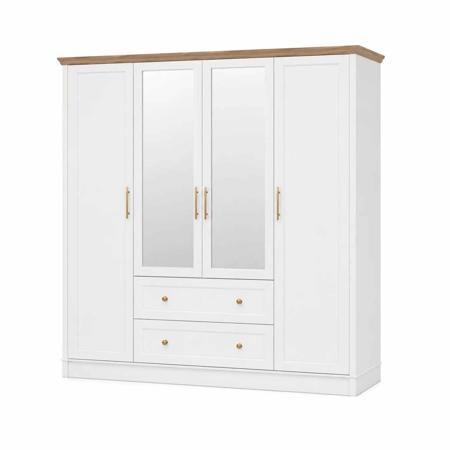 Armario de MDF con Espejo y 4 Puertas en Blanco y Madera