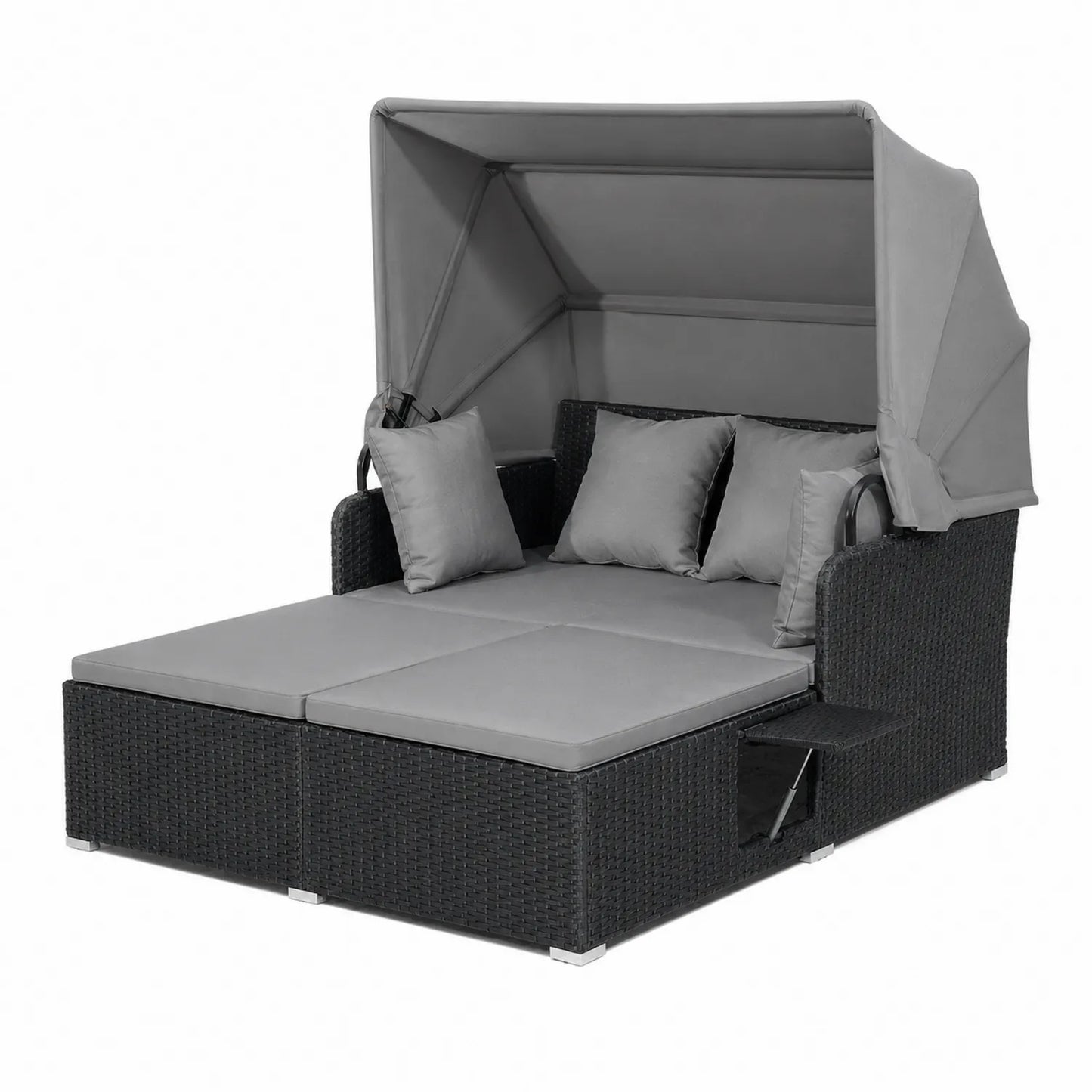 Cama de día doble de ratán sintético gris con toldo y cojines