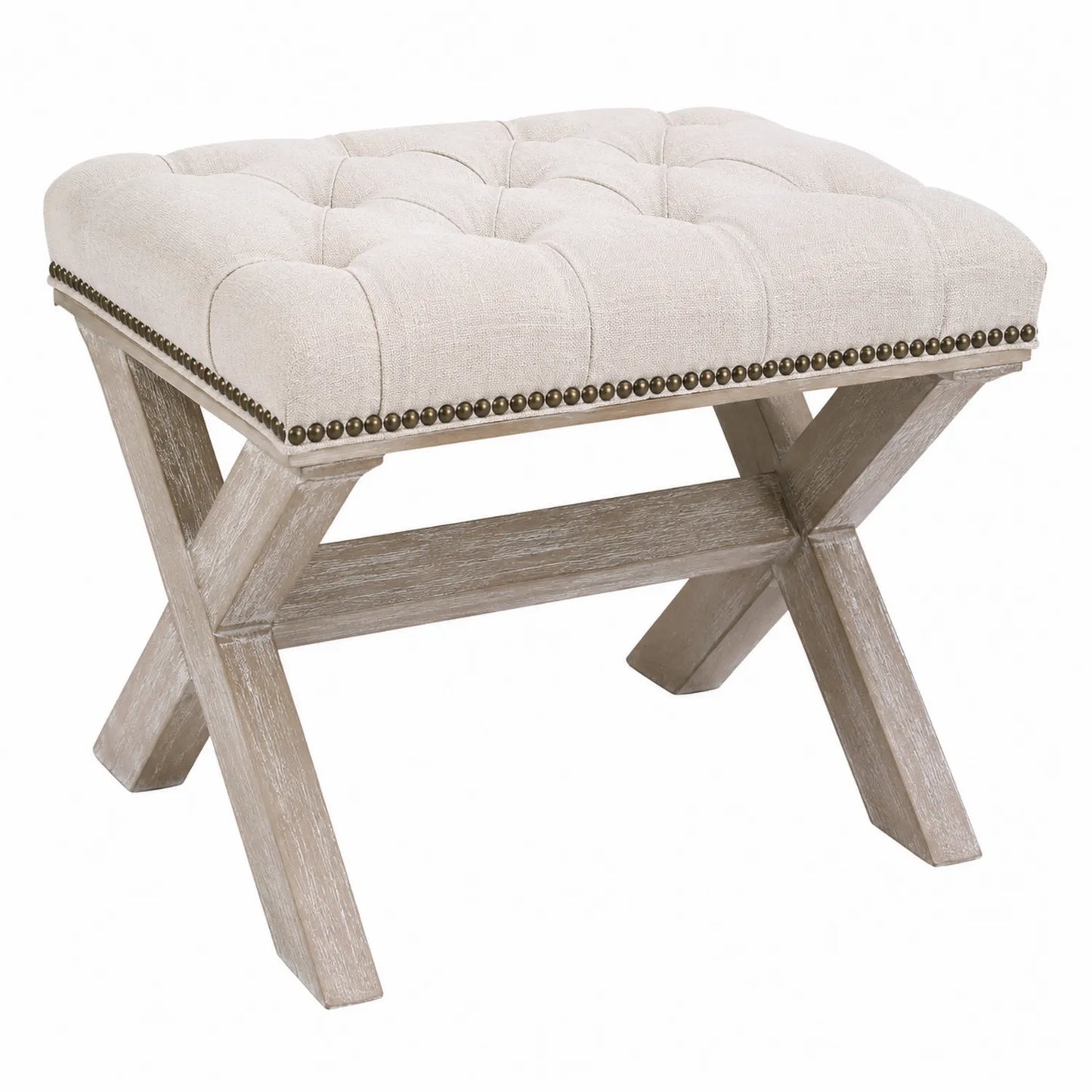 Banco de lino beige con base de madera en X