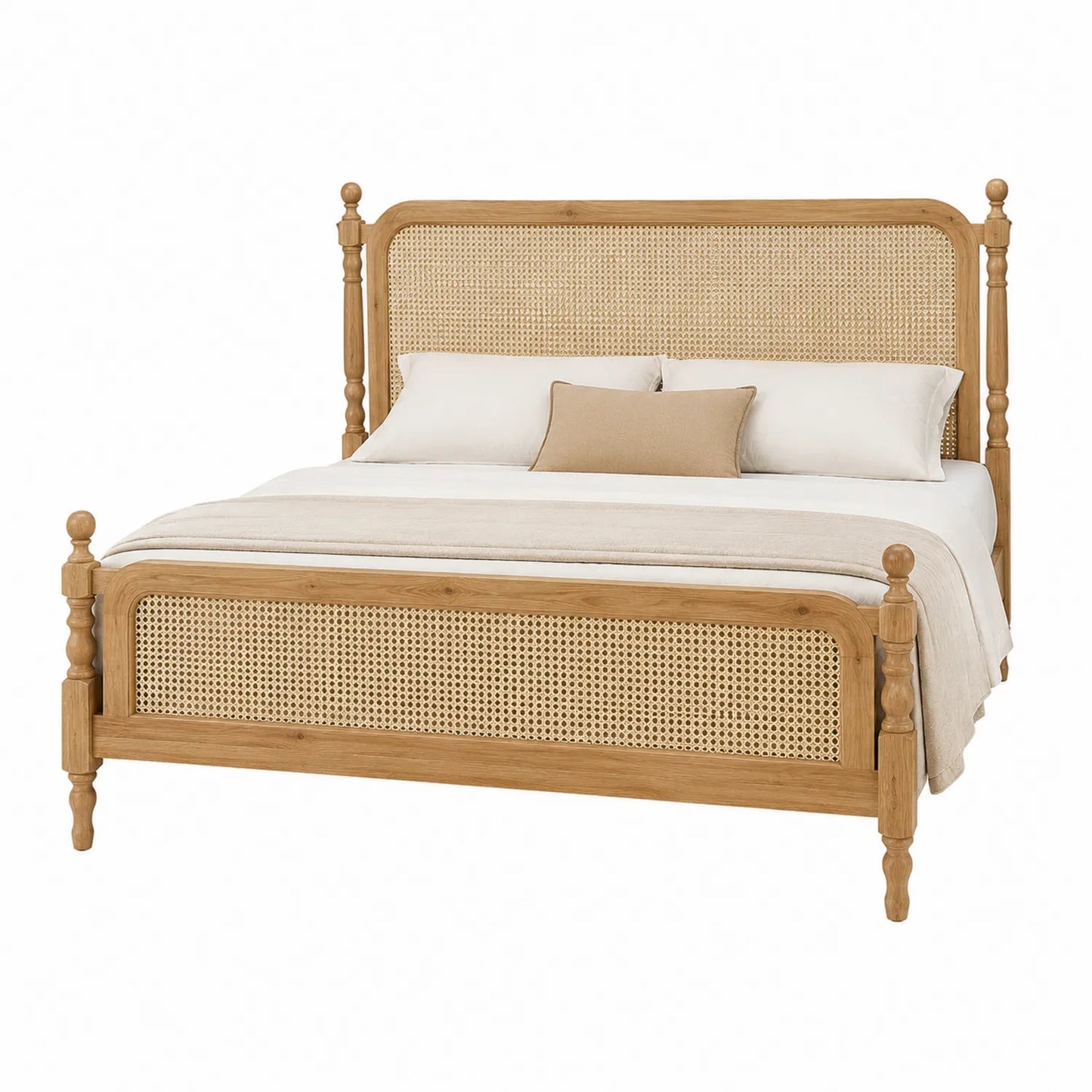 Cama de Madera de Roble y Ratán Natural, 210x160x120 cm