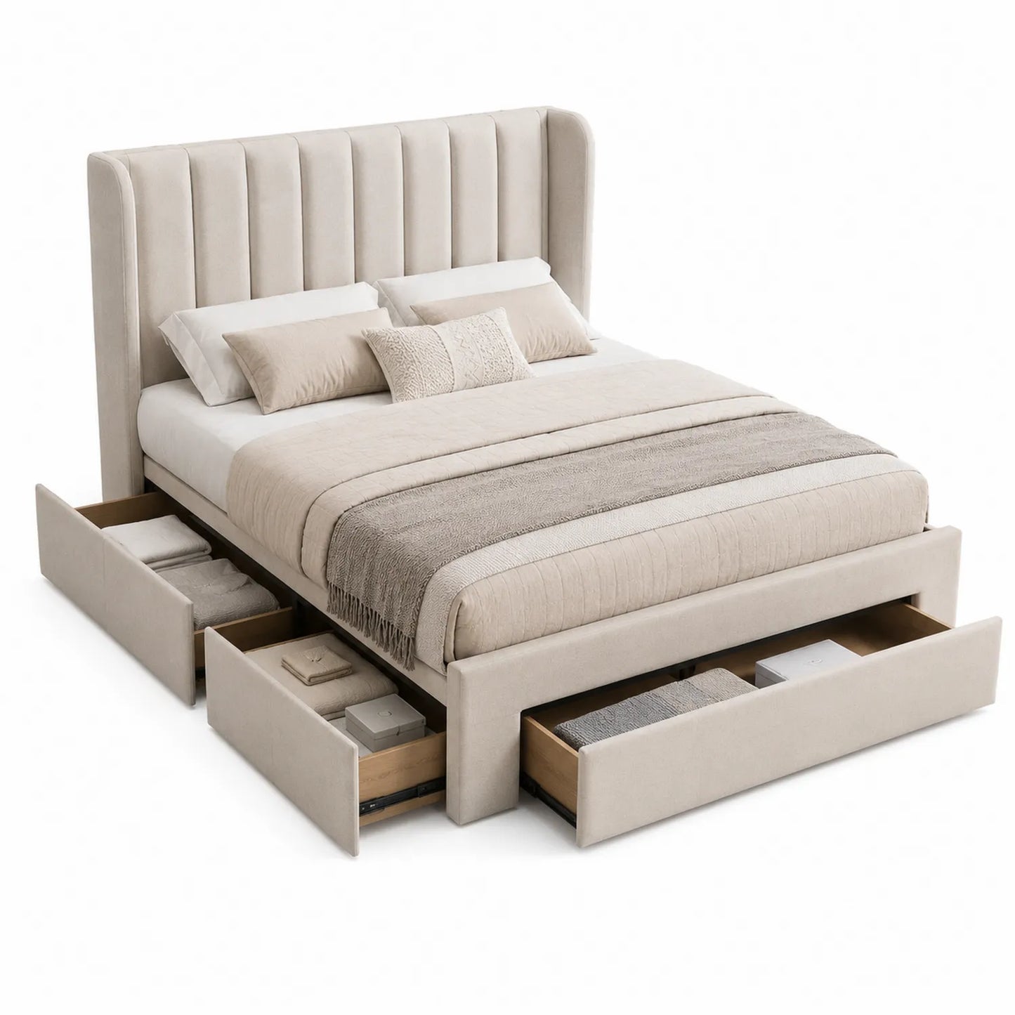 Cama tapizada con almacenaje y cabecero acolchado beige