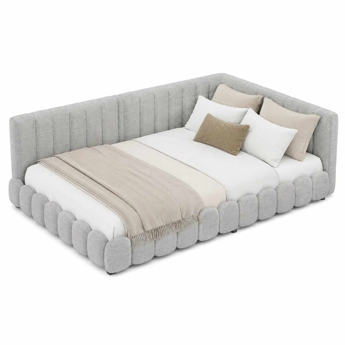 Cama tapizada en poliéster gris con respaldo en forma de L 210cm x 160cm