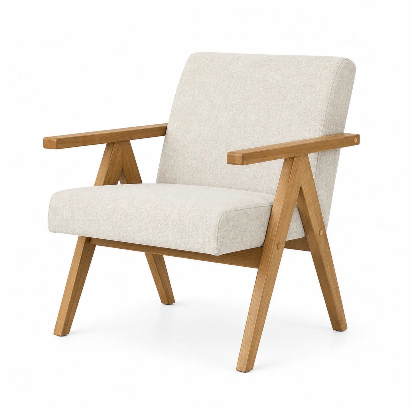 Silla con estructura de madera y tapizado de lino beige