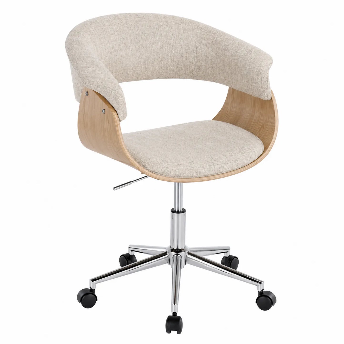 Silla de Oficina de Poliéster Beige con Base Metálica y Respaldo de Madera
