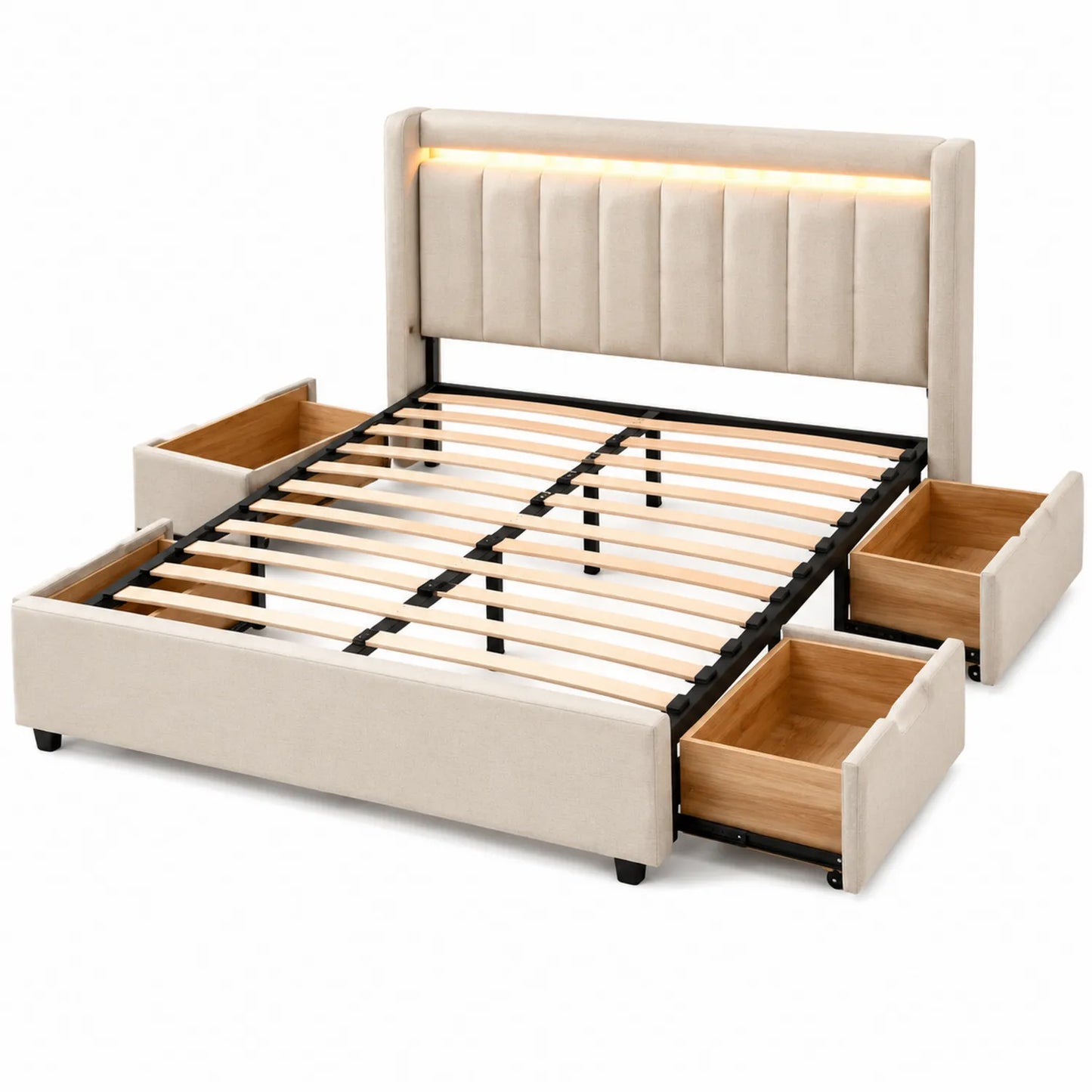 Cama de Metal y Madera con Almacenamiento Beige y Cabecero Iluminado 200x160 cm