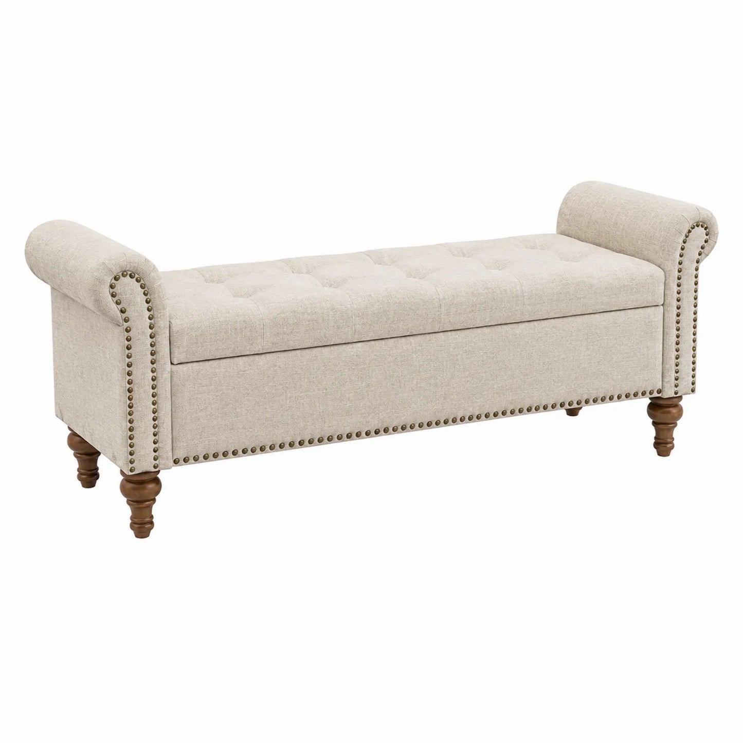 Banco de lino beige con patas de madera