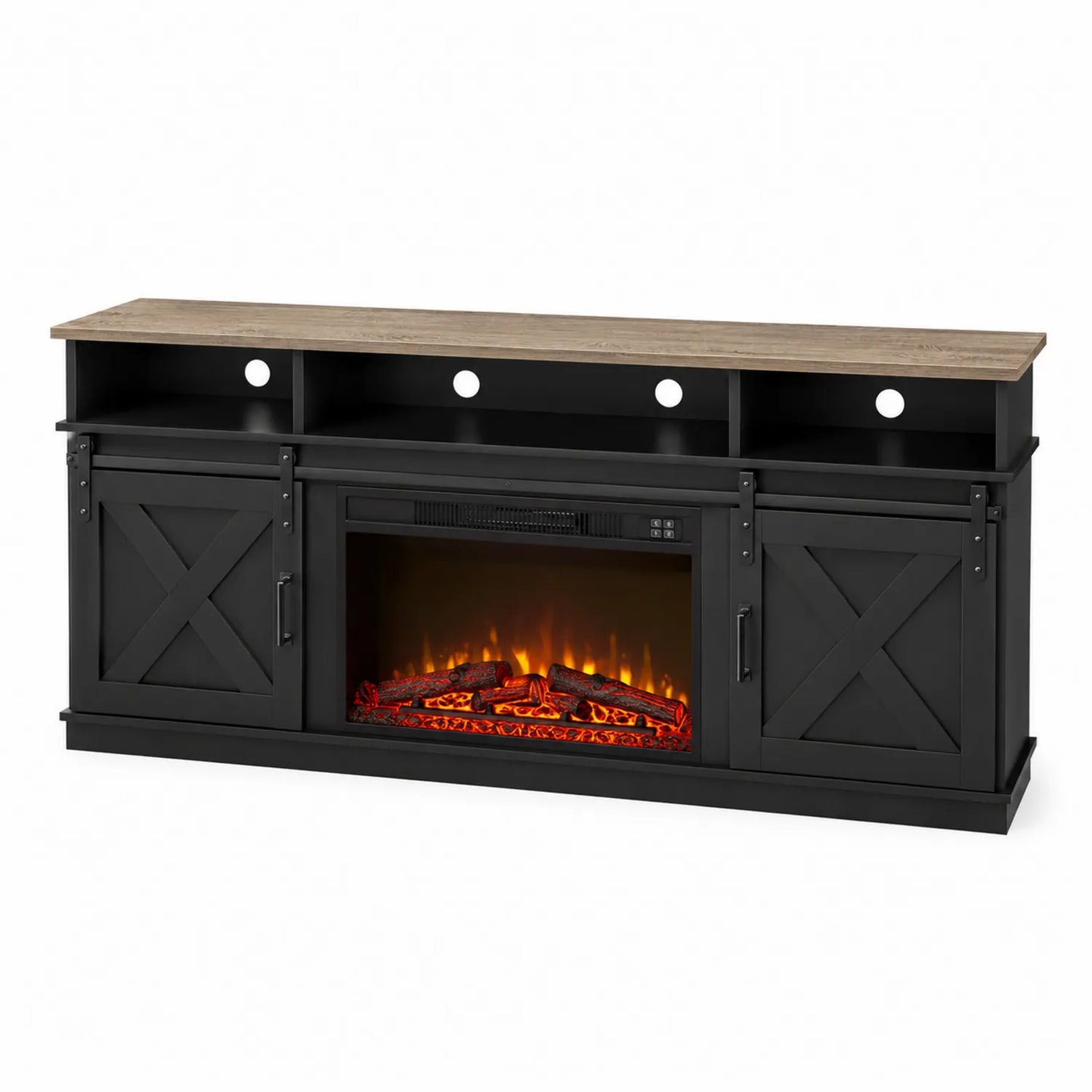 Mesa de TV con chimenea eléctrica negra y superficie MDF de 150x45x80 cm