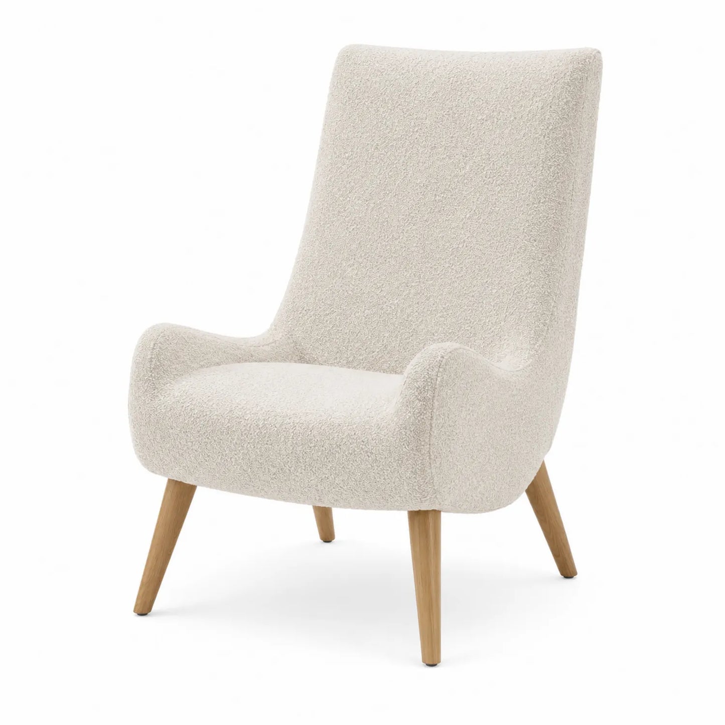 Silla de salón tapizada en bouclé crema con patas de madera de haya