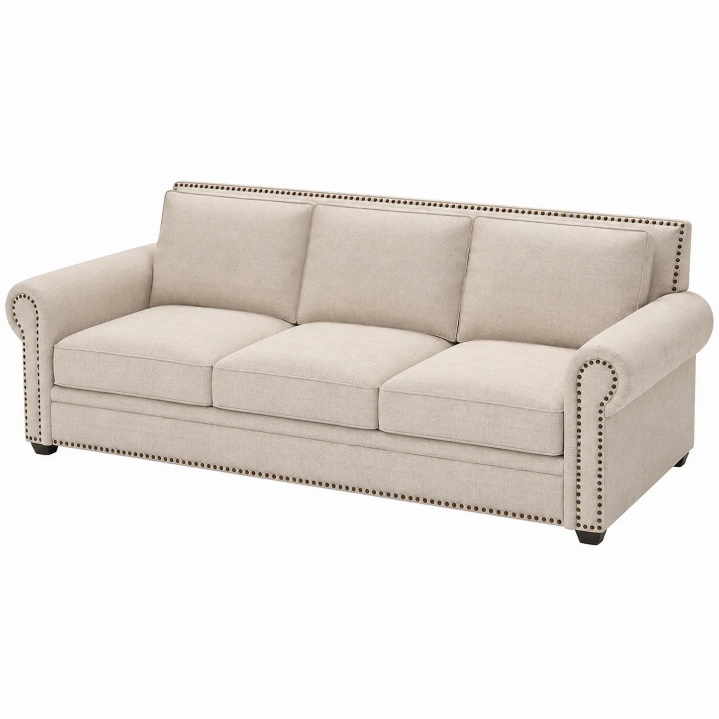 Sofá de Tela Beige de 3 Plazas con Remaches