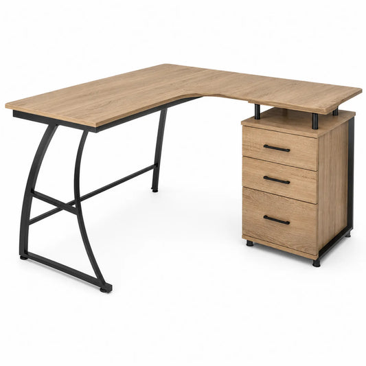 Escritorio en forma de L de madera contrachapada con estructura metálica y 3 cajones