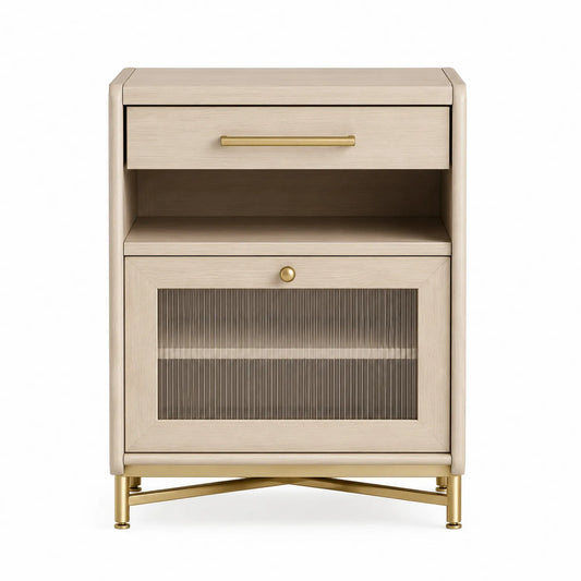 Aparador de madera de roble con puerta de vidrio templado acanalado y patas de acero inoxidable dorado 75x40x90 cm