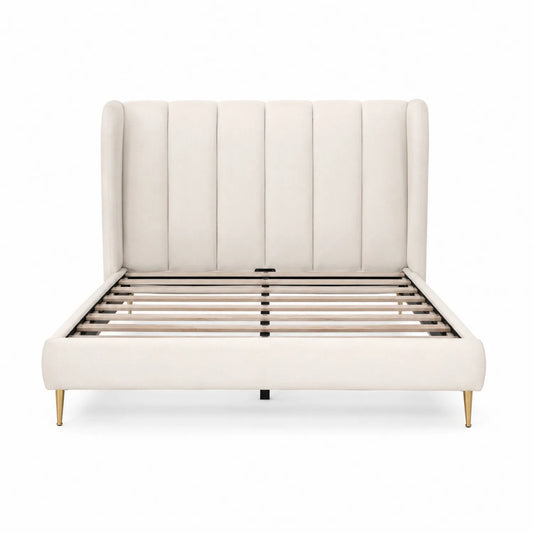 Cama de matrimonio tapizada en tela beige 200x160 cm con patas de acero