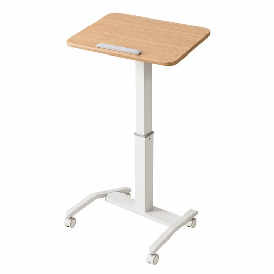 Escritorio ajustable en altura con ruedas de bambú y metal blanco 60x40 cm
