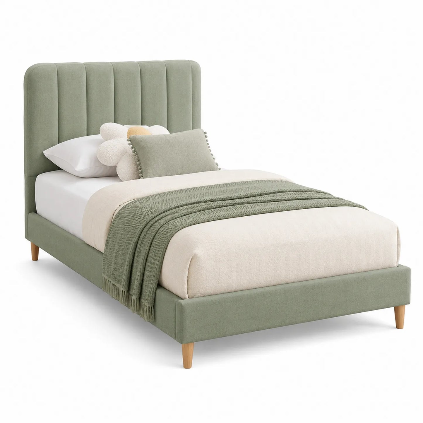 Cama individual tapizada verde con patas de madera