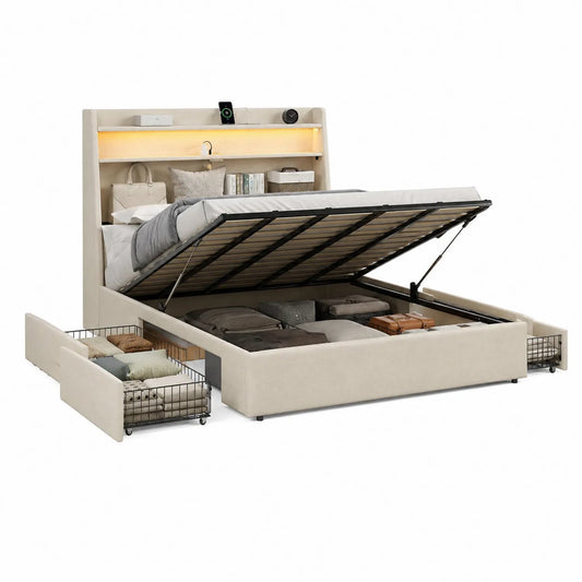 Cama con Almacenamiento Elevable de Tela de Poliéster Beige 200x160 cm