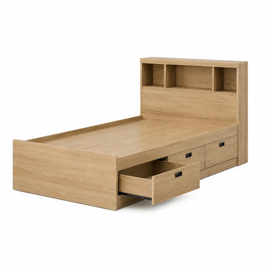 Cama individual con almacenamiento de MDF color Roble con estantería y cajones 200x90x100 cm
