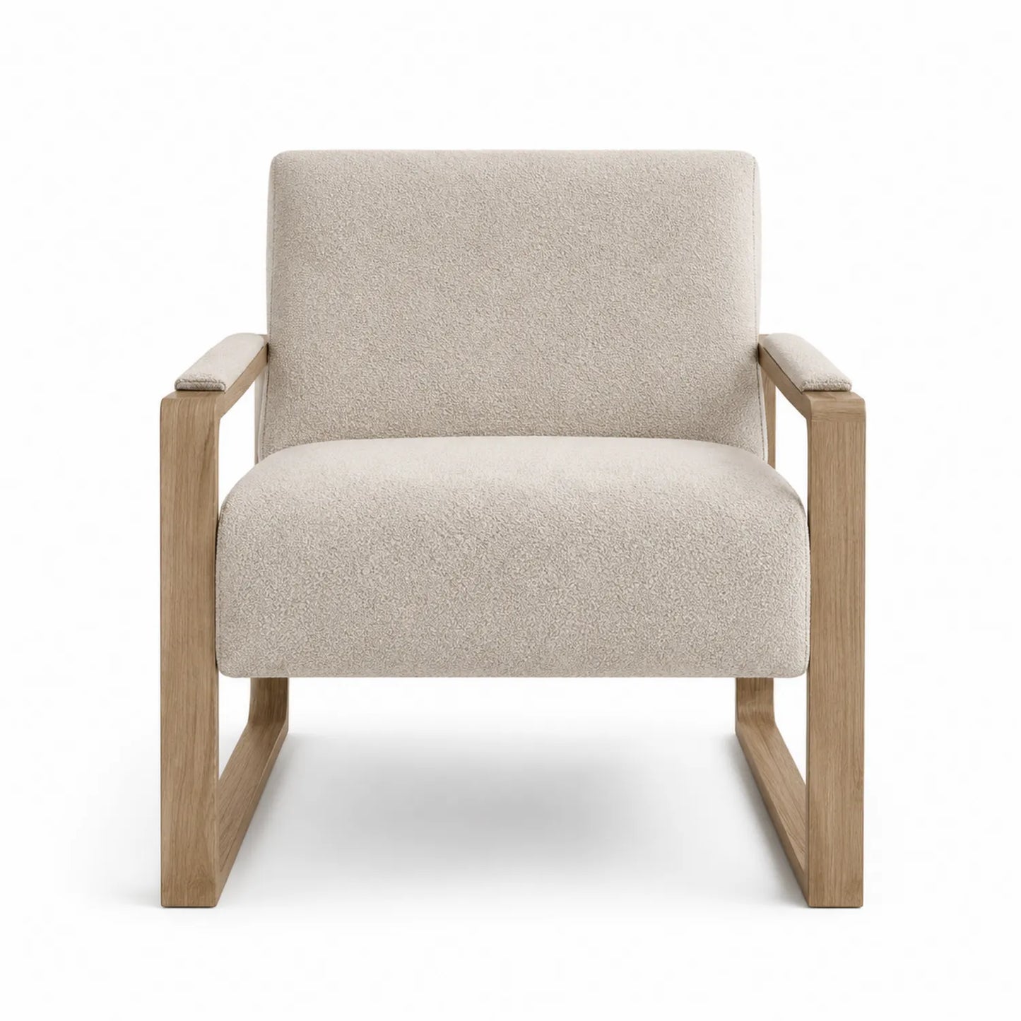 Silla de salón tapizada en algodón beige con estructura de madera de roble