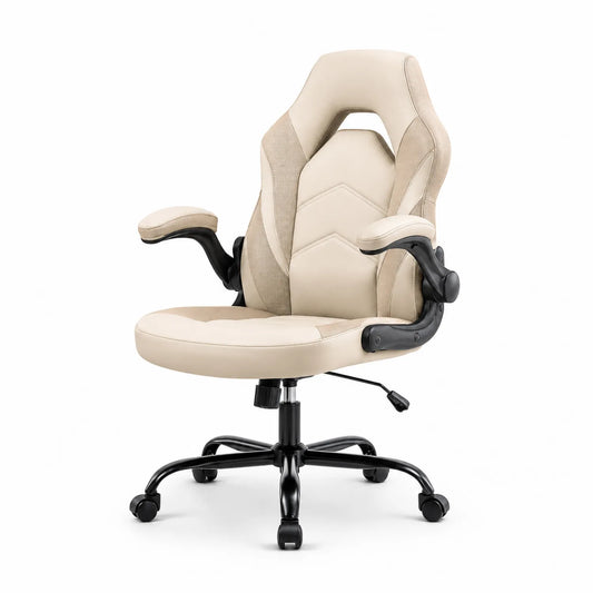 Silla de oficina ergonómica de metal y cuero PU con reposabrazos abatibles Beige