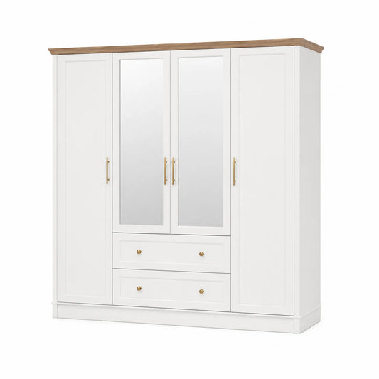Armario de MDF con Espejo y 4 Puertas en Blanco y Madera