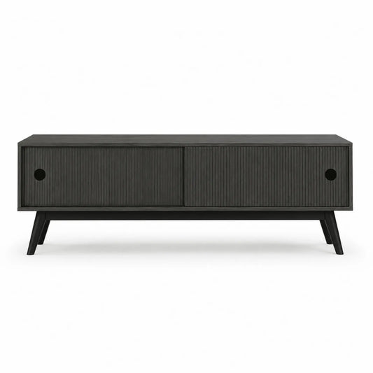 Mueble para TV de madera maciza negro con puertas correderas