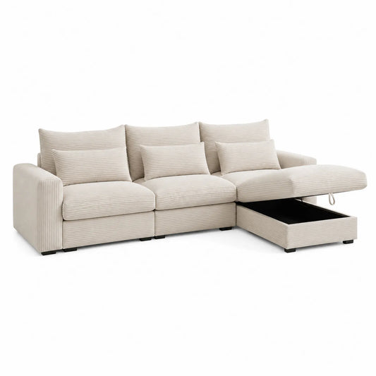 Sofá modular en L con chaise longue y almacenamiento tela beige 250 cm
