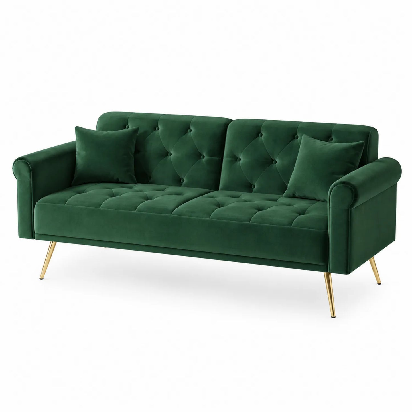 Sofá de terciopelo verde con patas doradas