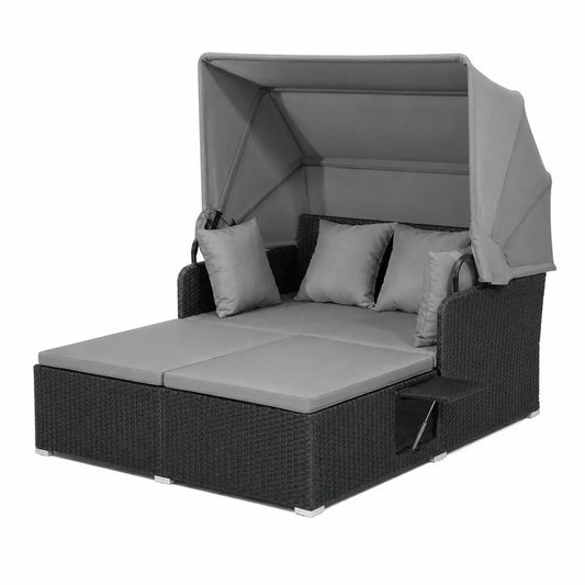 Cama de día doble de ratán sintético gris con toldo y cojines
