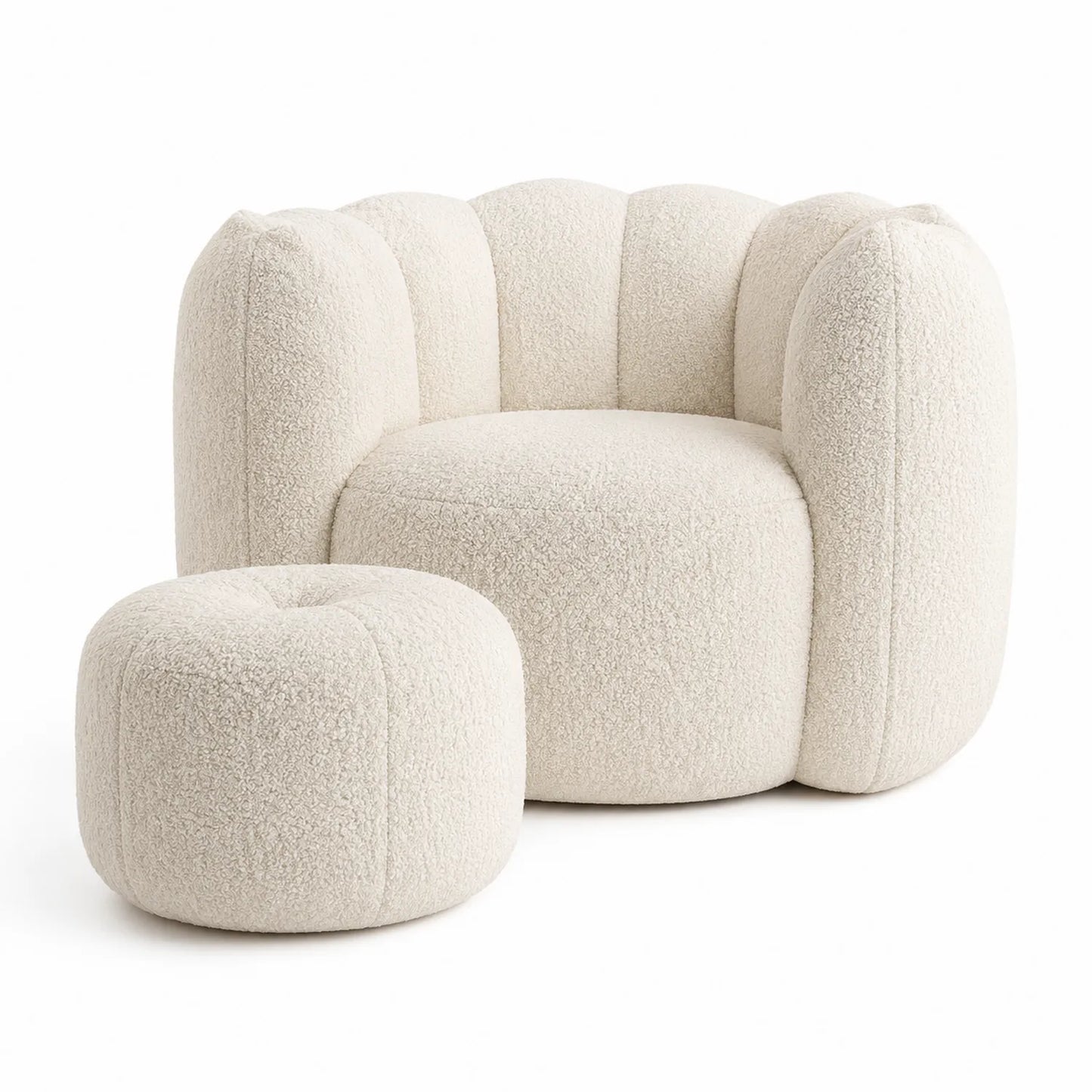 Sillón y reposapiés de tela bouclé beige