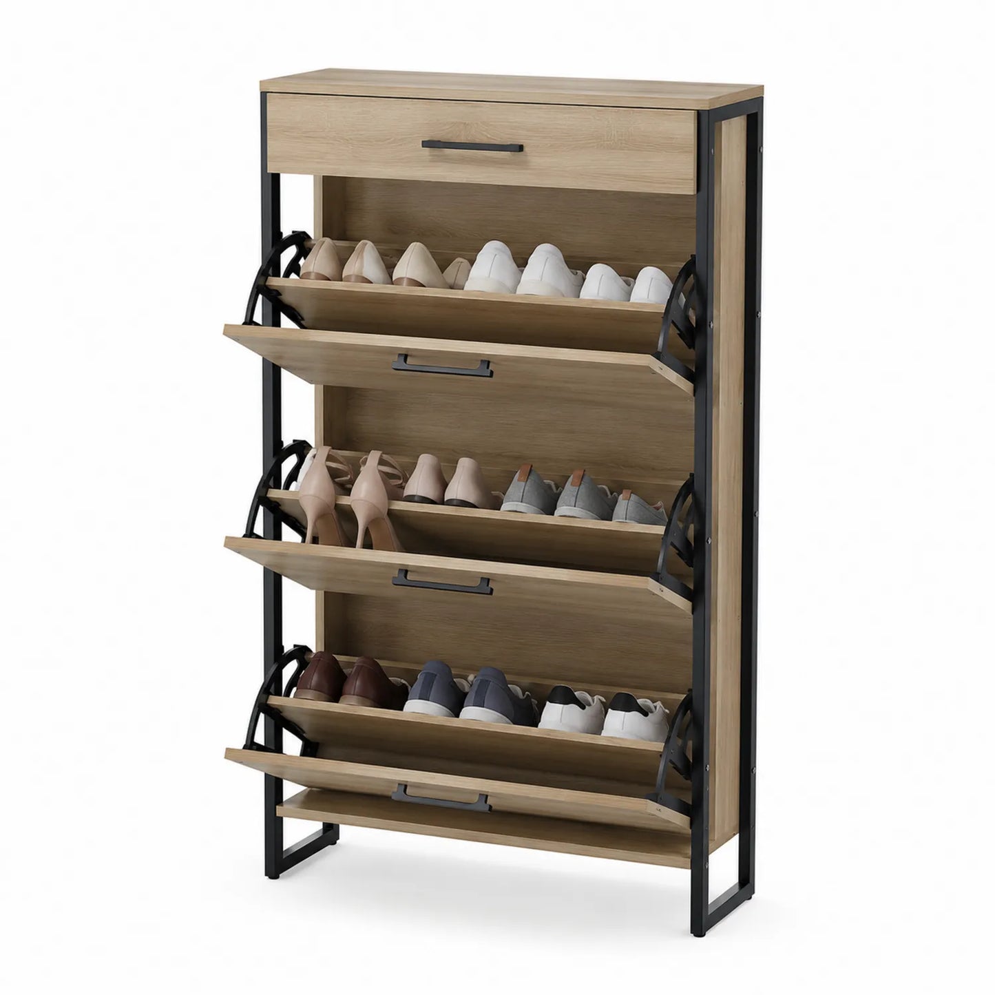 Zapatero de Madera Laminada y Metal Negro con 4 Puertas Abatibles
