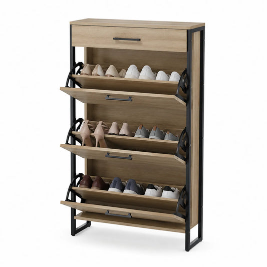 Zapatero de Madera Laminada y Metal Negro con 4 Puertas Abatibles