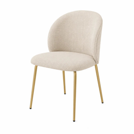 Silla de comedor de tela beige con patas de metal dorado