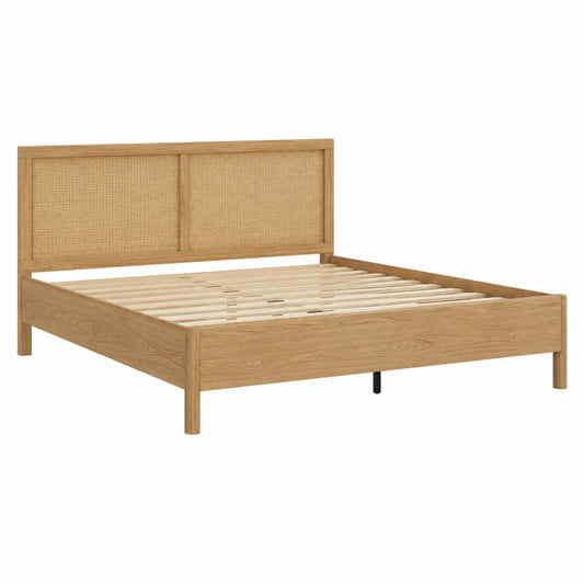 Cama doble de madera de roble y ratán 200x160 cm