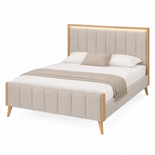 Cama tapizada beige con estructura de madera 200x160 cm