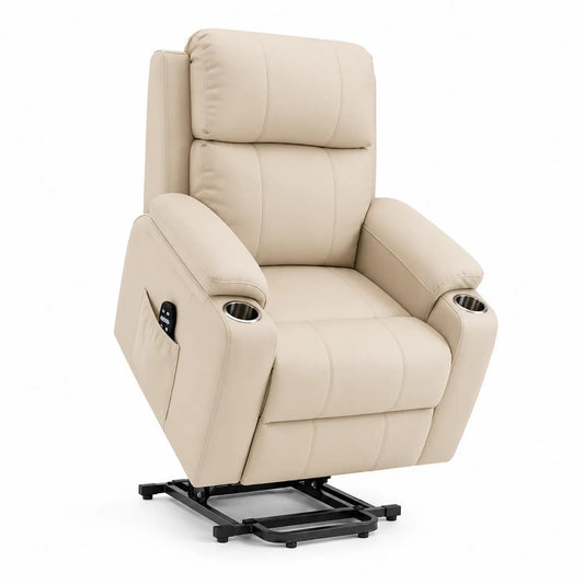 Sillón reclinable eléctrico de cuero sintético crema con elevación y portavasos