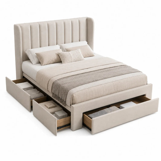 Cama tapizada con almacenaje y cabecero acolchado beige