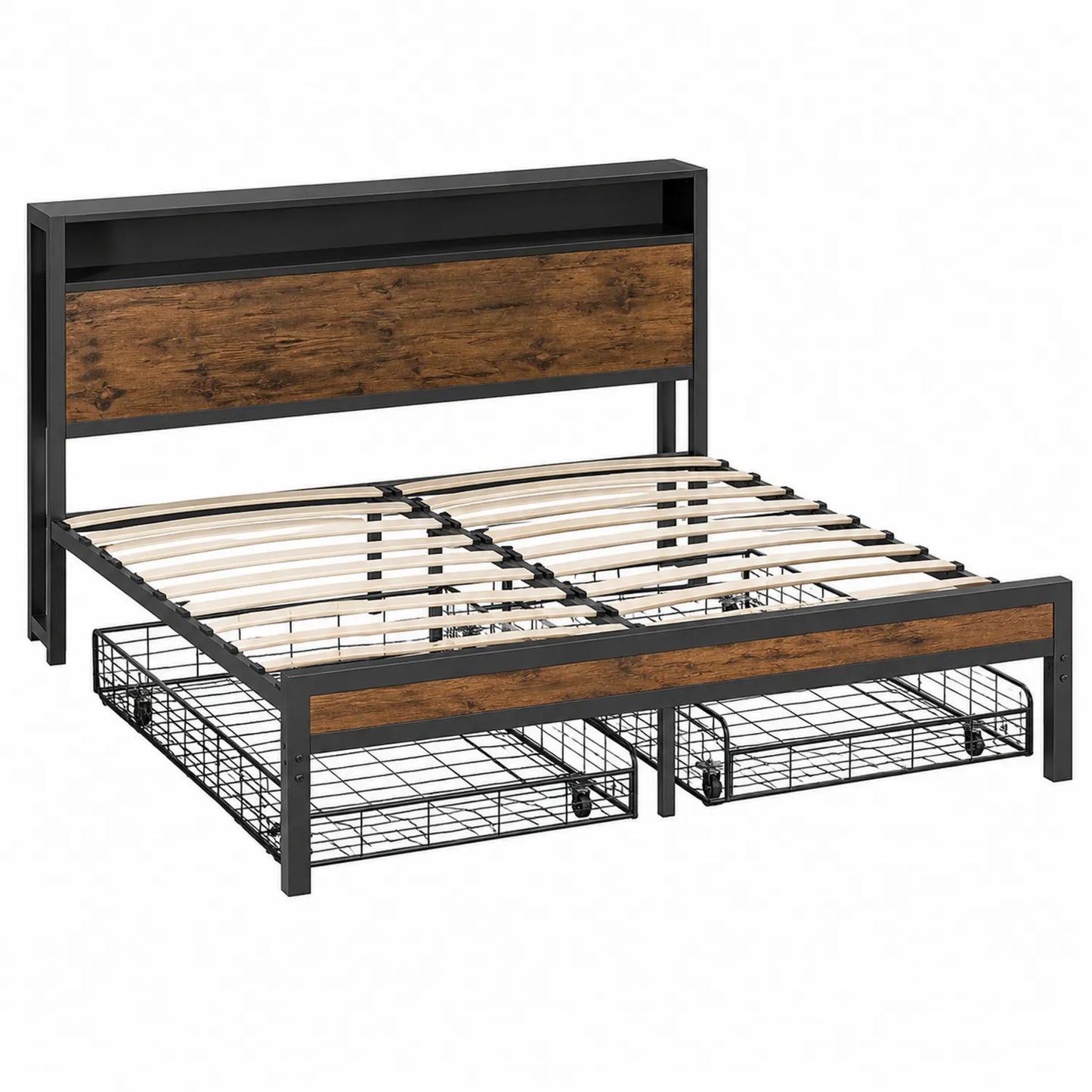 Cama doble de metal y madera con almacenamiento 200x150 cm