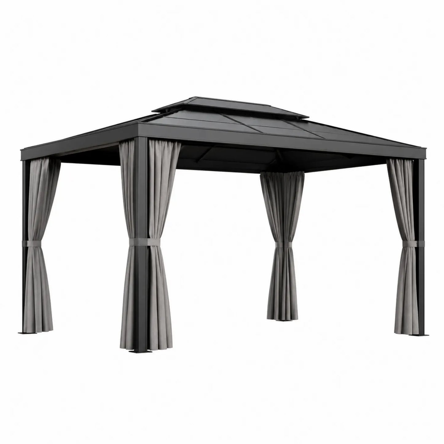 Pérgola de Aluminio con Techo de Policarbonato y Cortinas de Poliéster 400x300x280 cm Negro/Gris