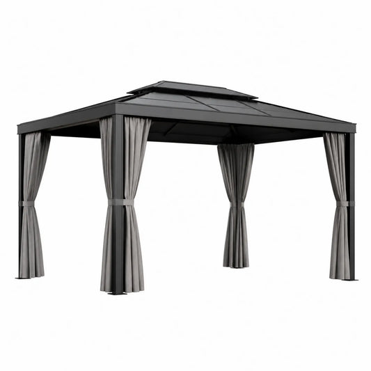 Pérgola de Aluminio con Techo de Policarbonato y Cortinas de Poliéster 400x300x280 cm Negro/Gris