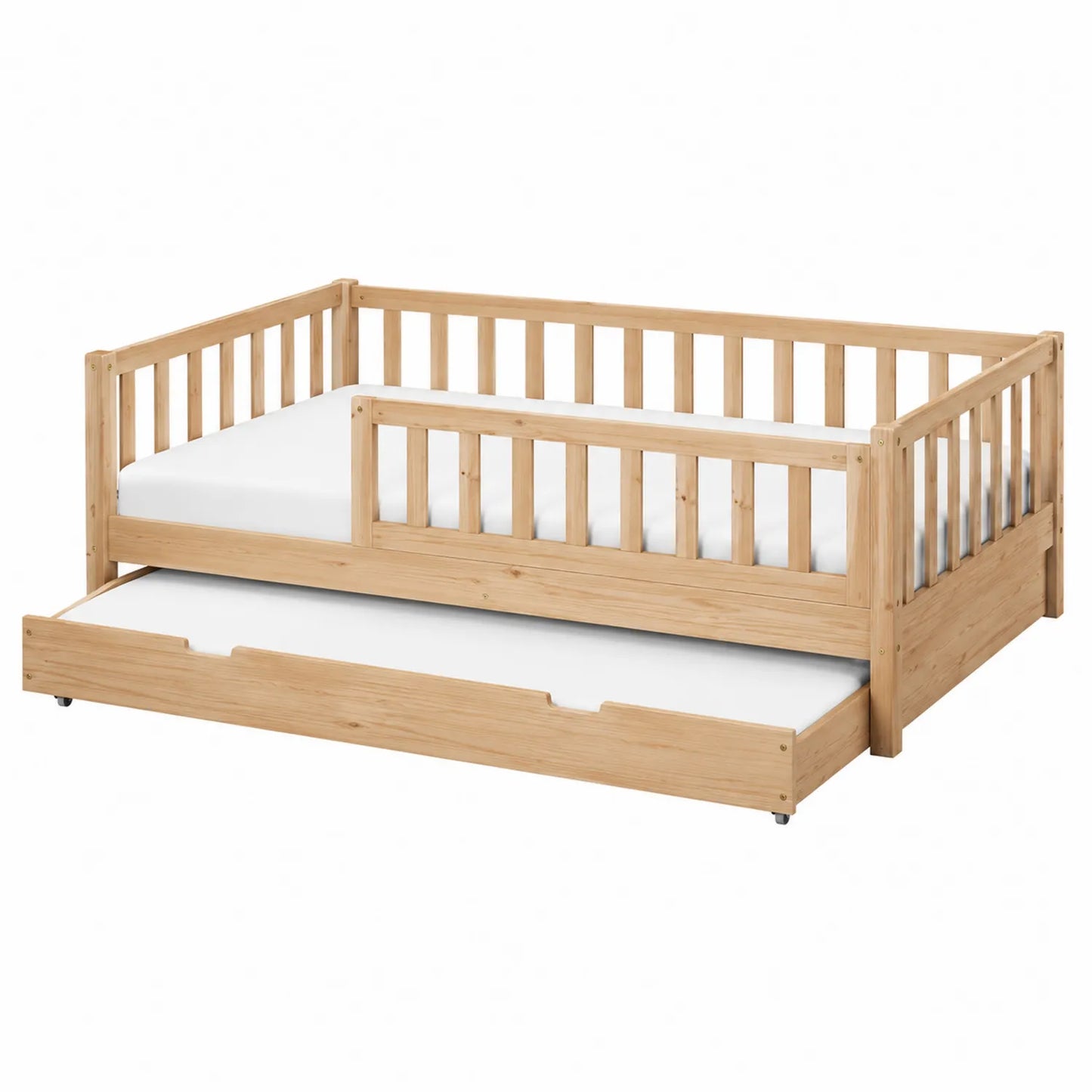 Cama nido de madera de pino con barreras para niños, color Natural, 200 x 90 cm