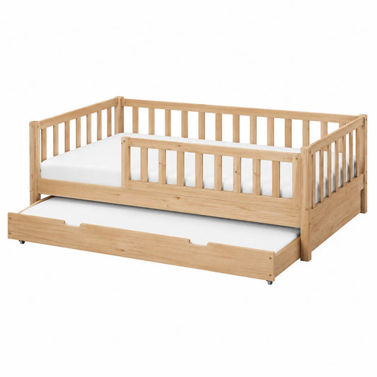 Cama nido de madera de pino con barreras para niños, color Natural, 200 x 90 cm