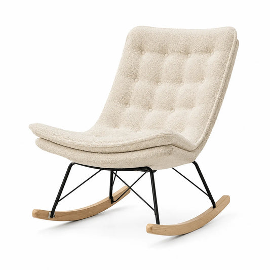 Silla mecedora de bouclé beige con estructura de metal y patas de madera