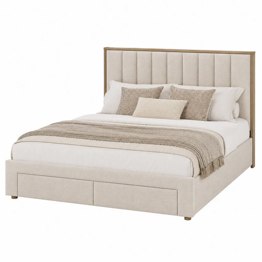 Cama tapizada de lino con cabecero panelado y almacenamiento 160x200 cm