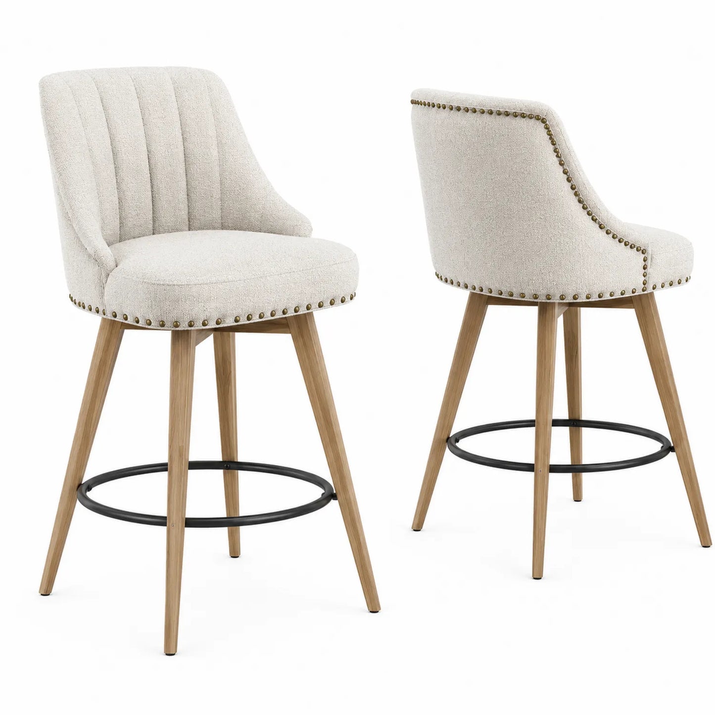 Juego de 2 taburetes de tela beige con estructura de madera