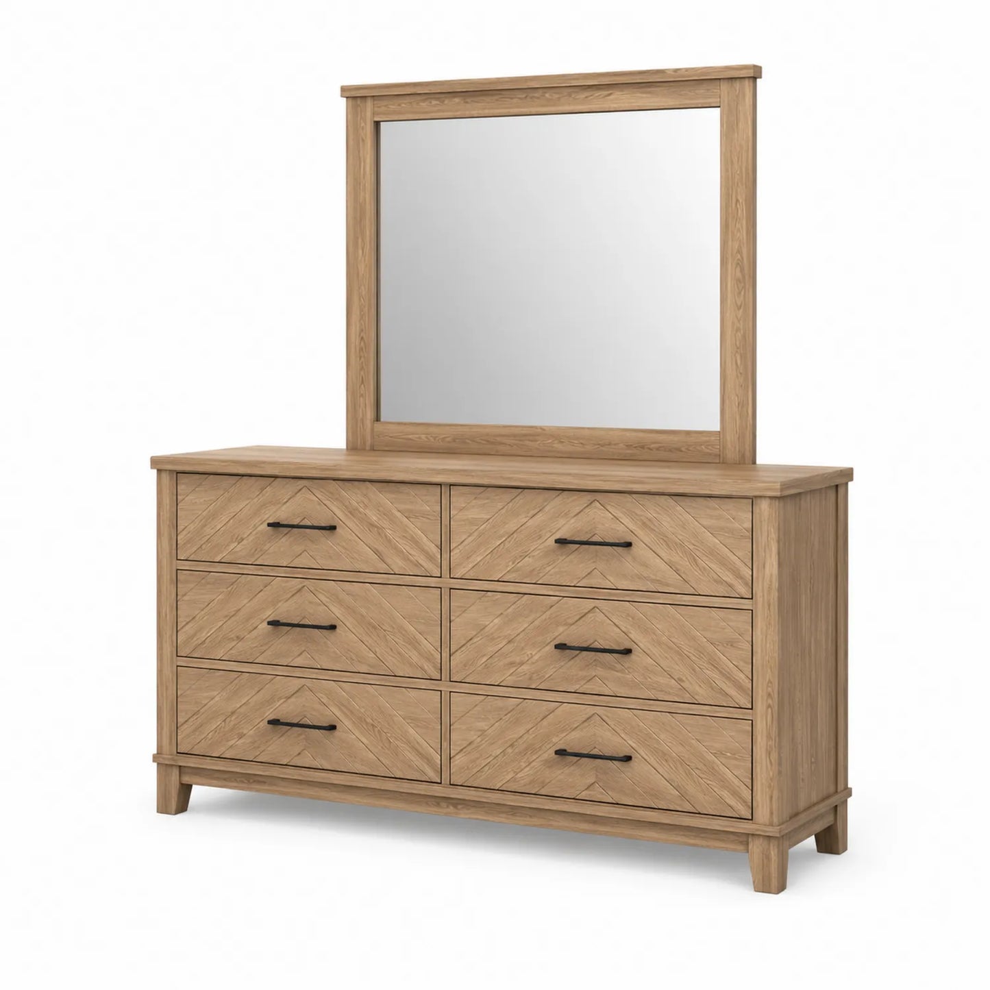 Cómoda de seis cajones con espejo de madera maciza de roble