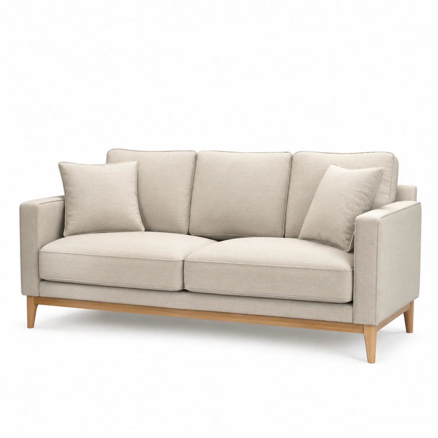 Sofá de tres plazas de tela beige con estructura de madera y patas de haya 210x95x85 cm