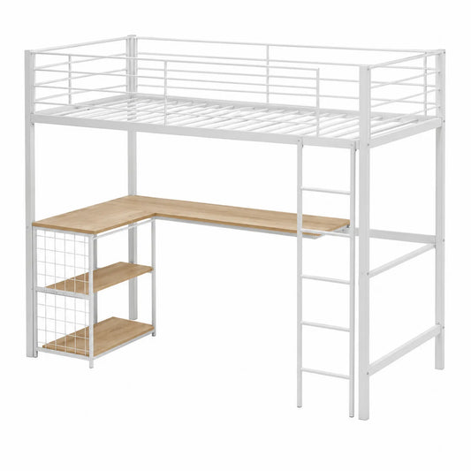 Cama alta de metal blanco con escritorio y estantes de madera