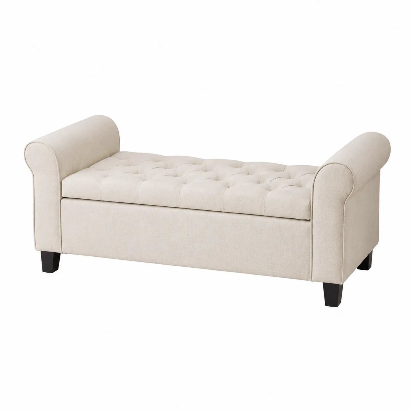 Banco de almacenamiento tapizado beige con patas de madera