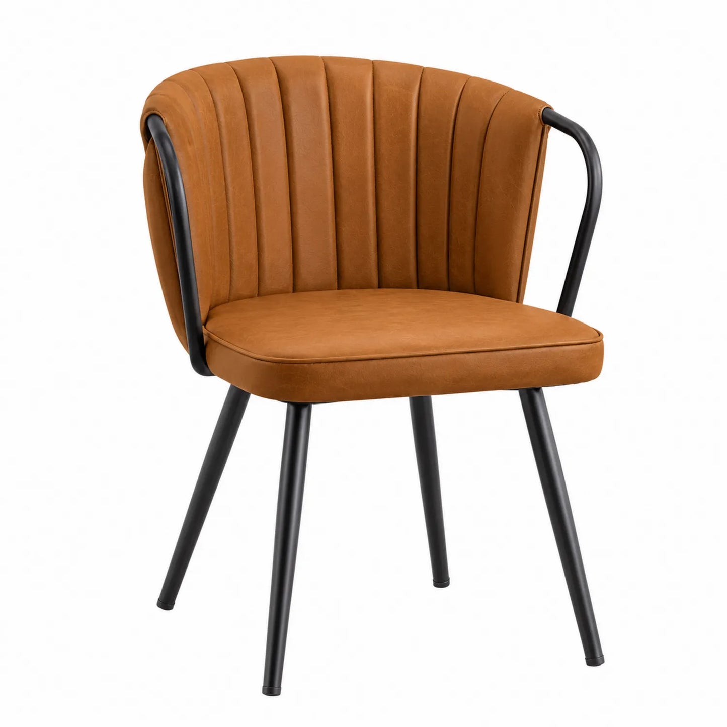Silla de comedor tapizada en cuero sintético marrón con estructura de metal negro 80x60x62 cm