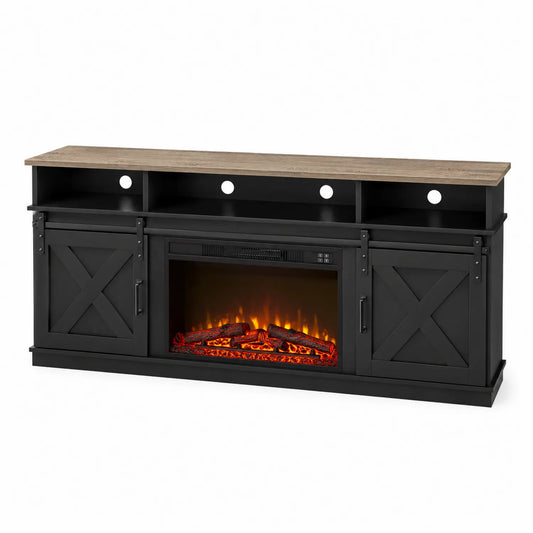 Mesa de TV con chimenea eléctrica negra y superficie MDF de 150x45x80 cm